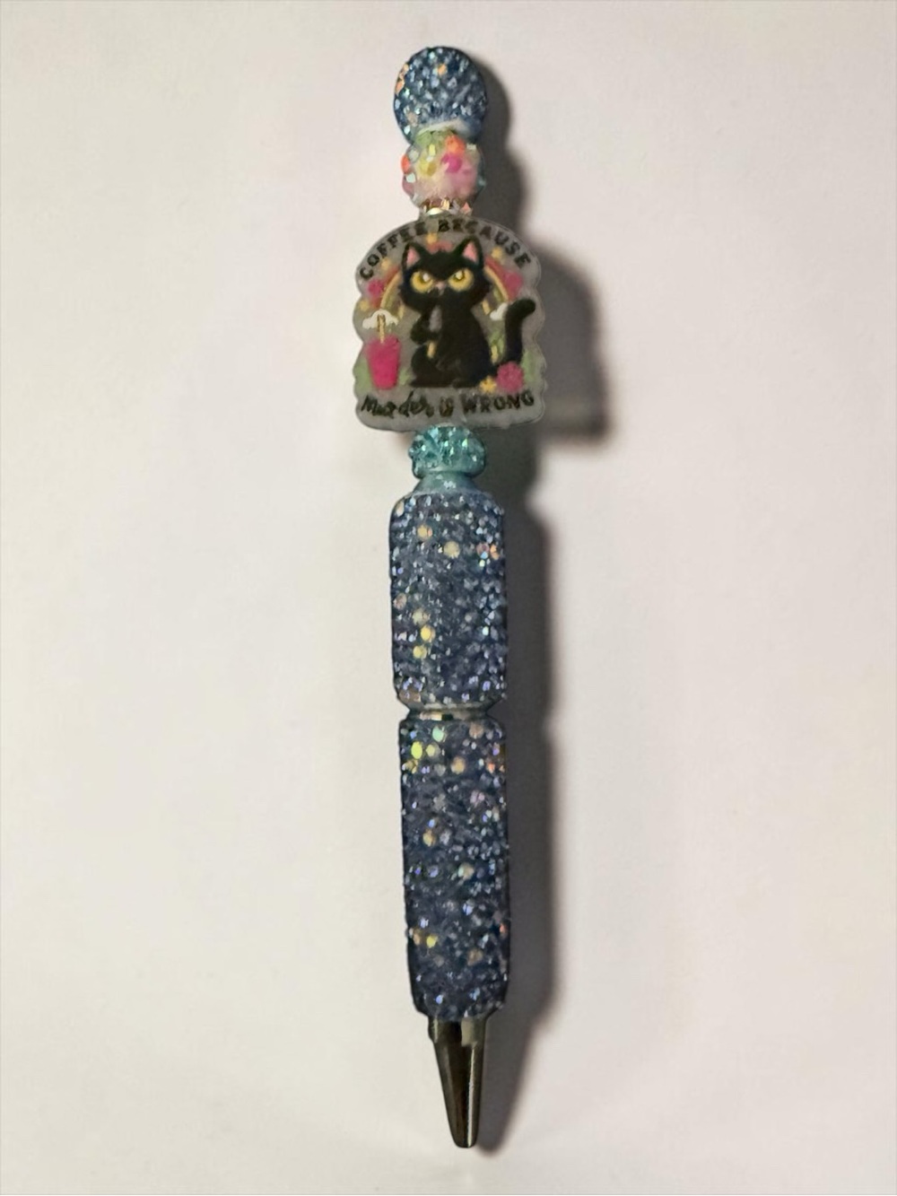Blue Glitter Cat Charm Pen